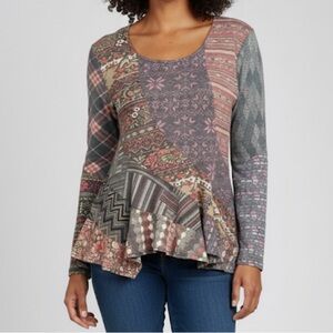 Sacred Threads Boho Patchwork Long Sleeve Stretchy Acrylic Peplum Top - Large